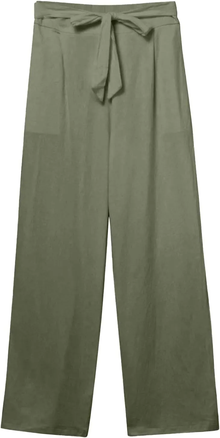 Linen Pants for Women Drawstring Elastic High Waisted Straight Leg Pants with Pockets Summer Casual Boho Beach Trouser
