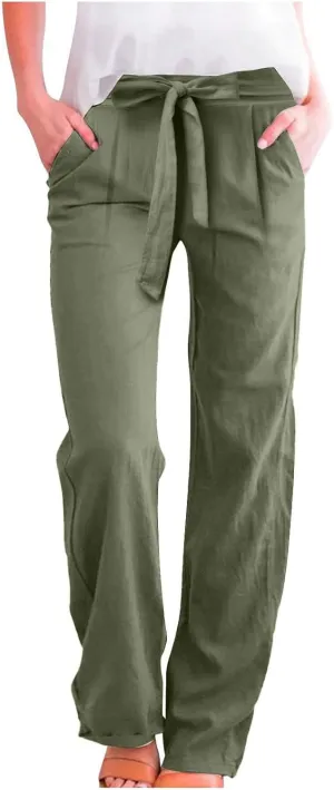 Linen Pants for Women Drawstring Elastic High Waisted Straight Leg Pants with Pockets Summer Casual Boho Beach Trouser