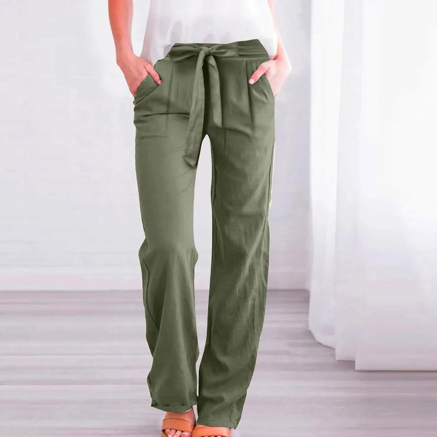 Linen Pants for Women Drawstring Elastic High Waisted Straight Leg Pants with Pockets Summer Casual Boho Beach Trouser