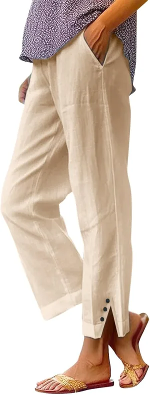 Linen Pants for Women Elastic Pants Long Linen Women Cotton Casual Slit Trouser Pants with Pockets Summer 2025
