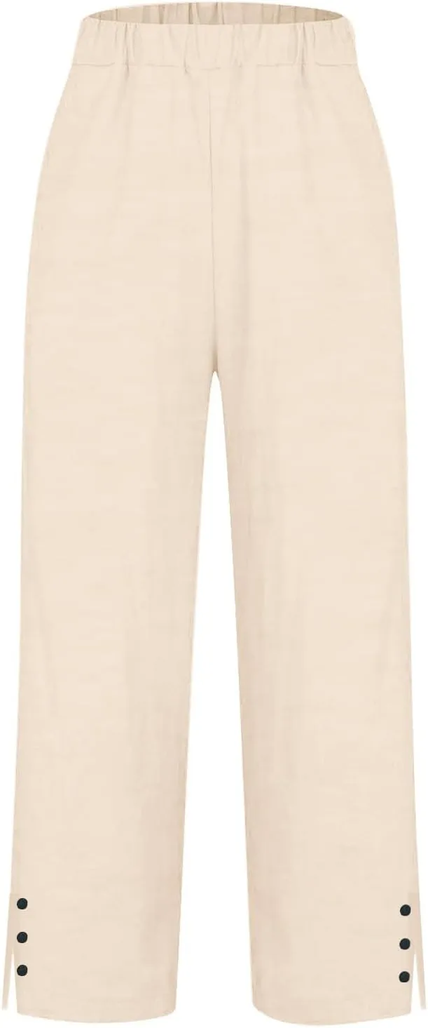 Linen Pants for Women Elastic Pants Long Linen Women Cotton Casual Slit Trouser Pants with Pockets Summer 2025