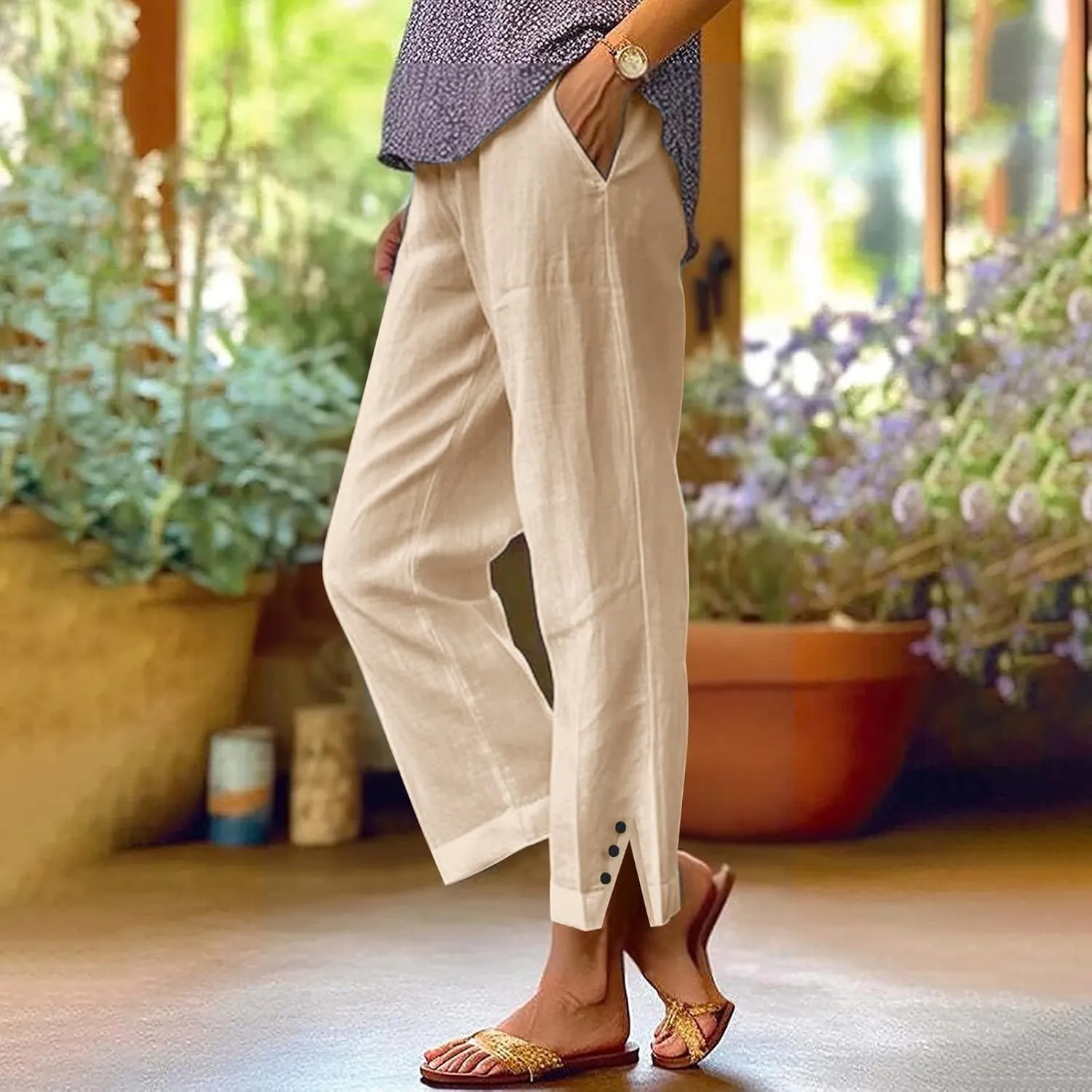 Linen Pants for Women Elastic Pants Long Linen Women Cotton Casual Slit Trouser Pants with Pockets Summer 2025