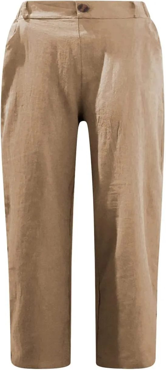 Linen Pants for Women High Waisted Wide Leg Capris Summer Casual Button Elastic Waist Cropped Trousers with Pockets