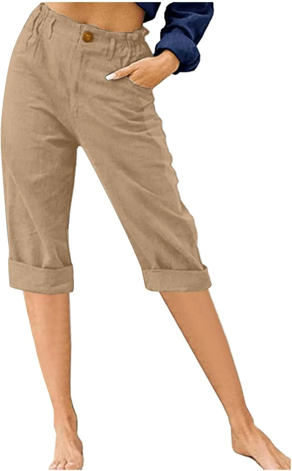 Linen Pants for Women High Waisted Wide Leg Capris Summer Casual Button Elastic Waist Cropped Trousers with Pockets