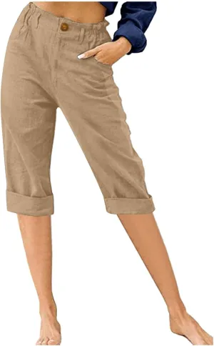 Linen Pants for Women High Waisted Wide Leg Capris Summer Casual Button Elastic Waist Cropped Trousers with Pockets