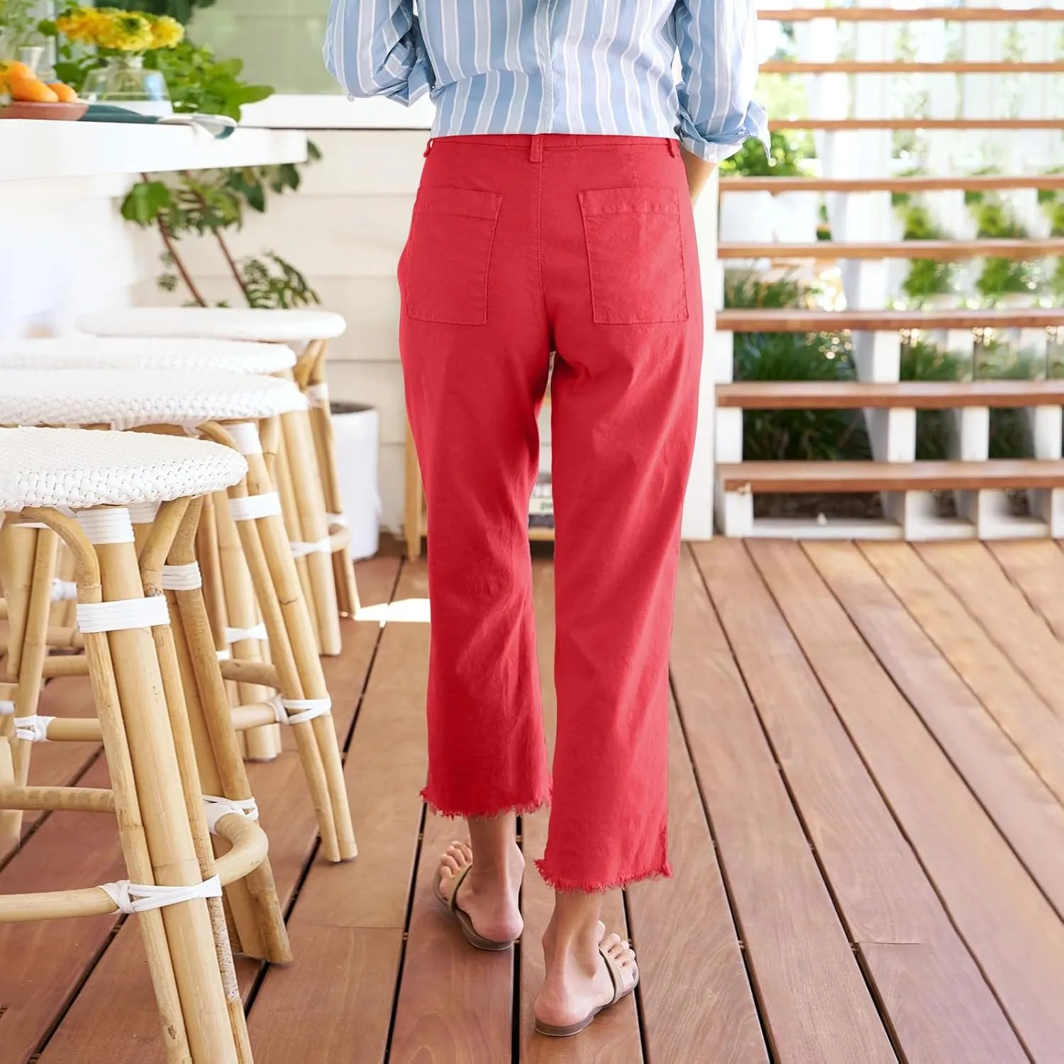 Linen Pants for Women, Straight Leg Casual Pants Drawstring Linen Peasant Teacher
