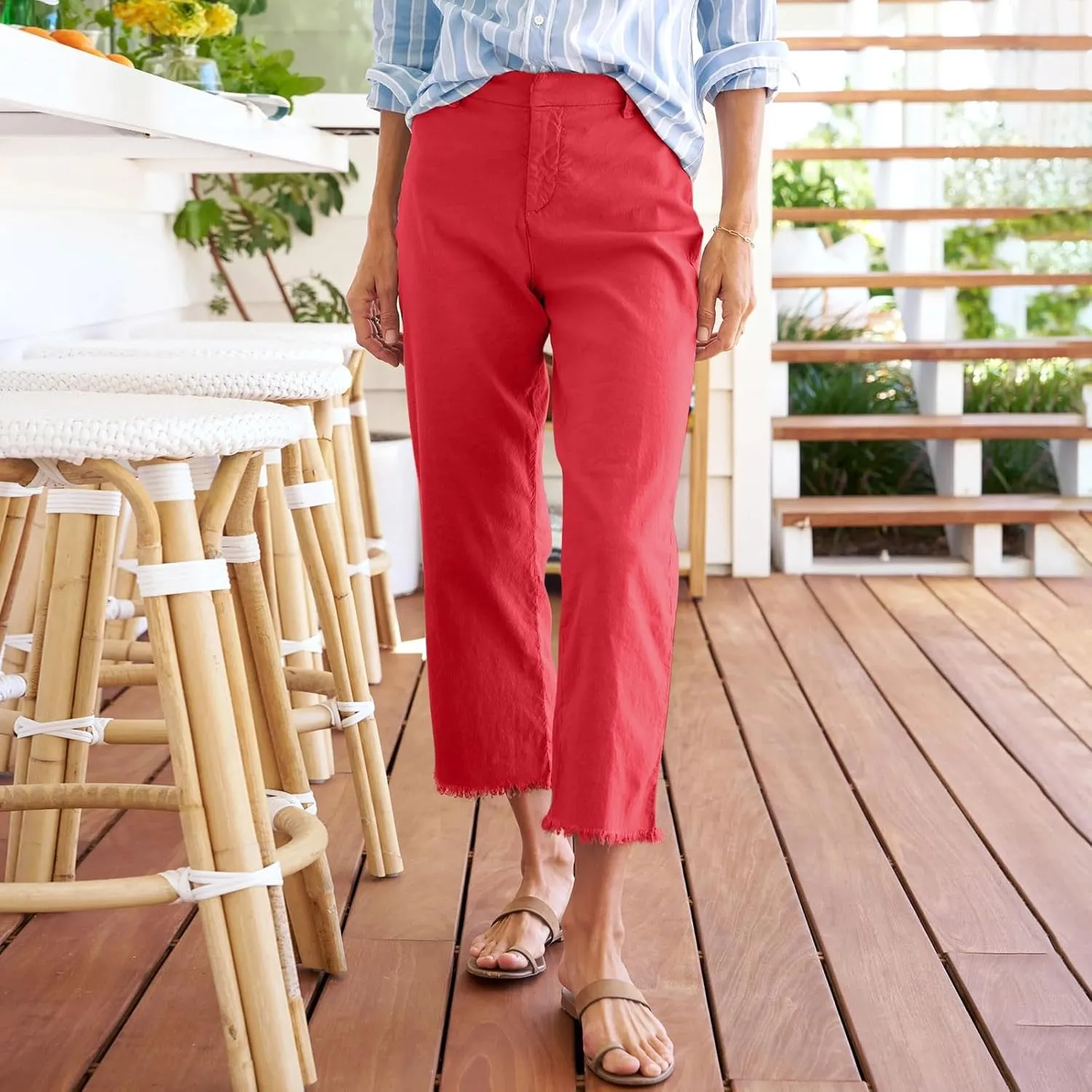 Linen Pants for Women, Straight Leg Casual Pants Drawstring Linen Peasant Teacher