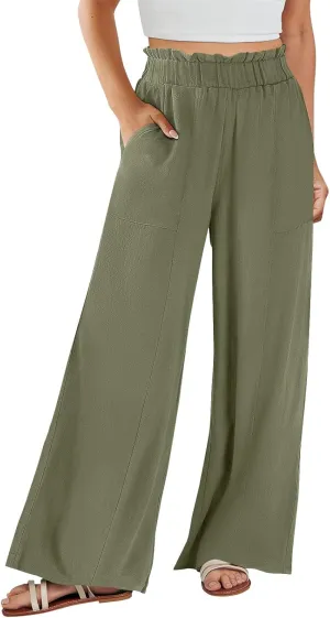Linen Pants for Women Trendy Casual Trousers with Pockets Wide Leg Beach Palazzo Pants Ruffle High Waist Slacks