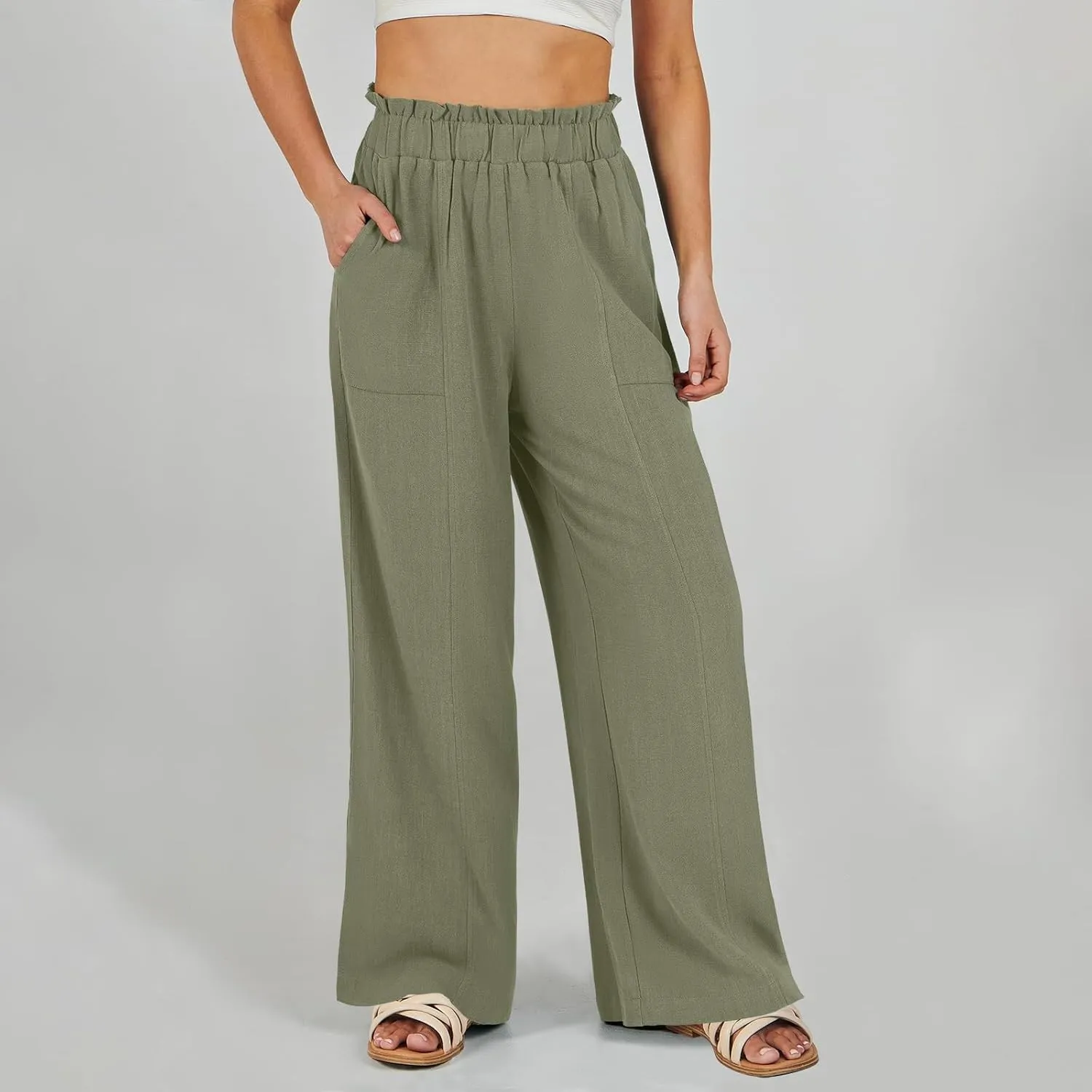 Linen Pants for Women Trendy Casual Trousers with Pockets Wide Leg Beach Palazzo Pants Ruffle High Waist Slacks