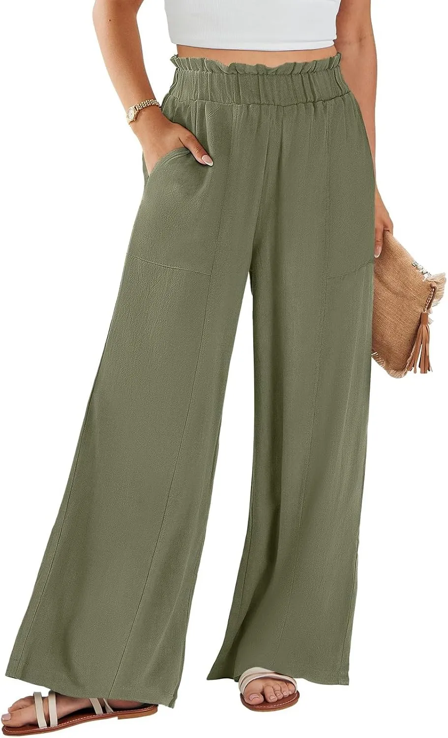 Linen Pants for Women Trendy Casual Trousers with Pockets Wide Leg Beach Palazzo Pants Ruffle High Waist Slacks