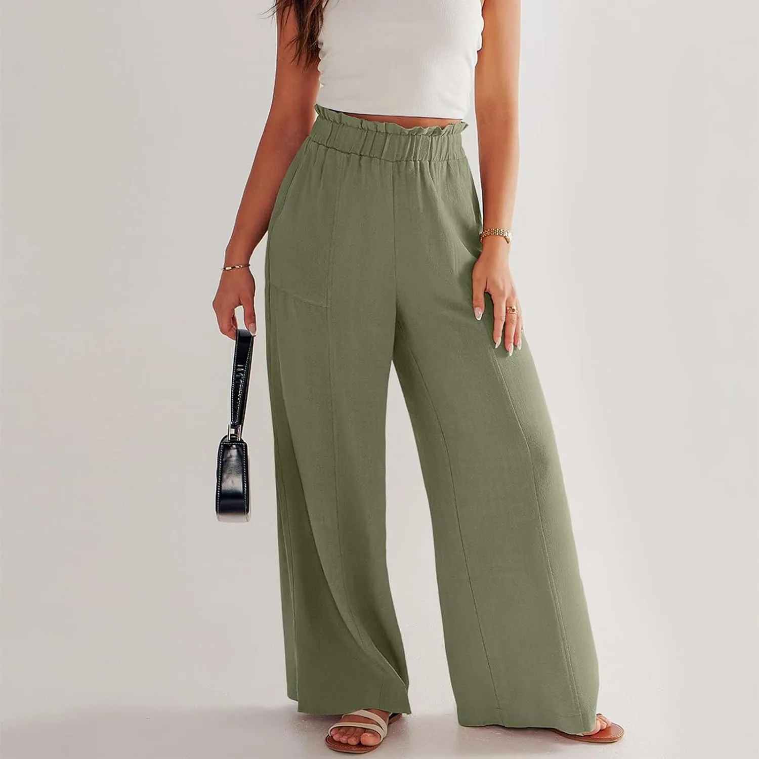 Linen Pants for Women Trendy Casual Trousers with Pockets Wide Leg Beach Palazzo Pants Ruffle High Waist Slacks