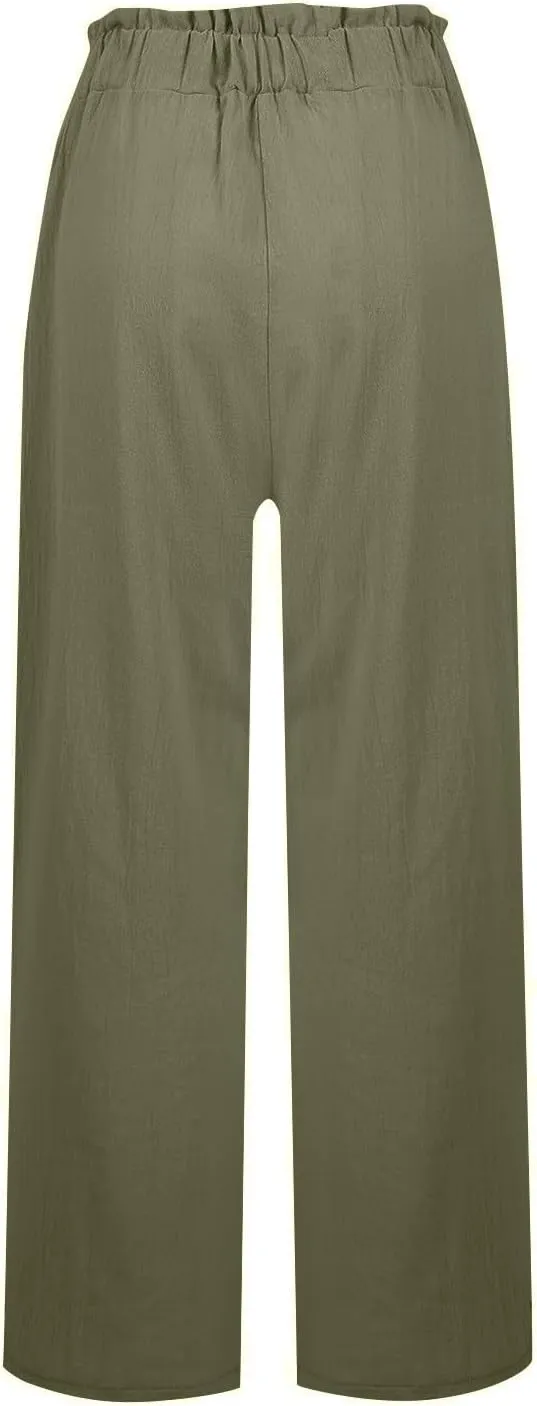 Linen Pants for Women Trendy Casual Trousers with Pockets Wide Leg Beach Palazzo Pants Ruffle High Waist Slacks