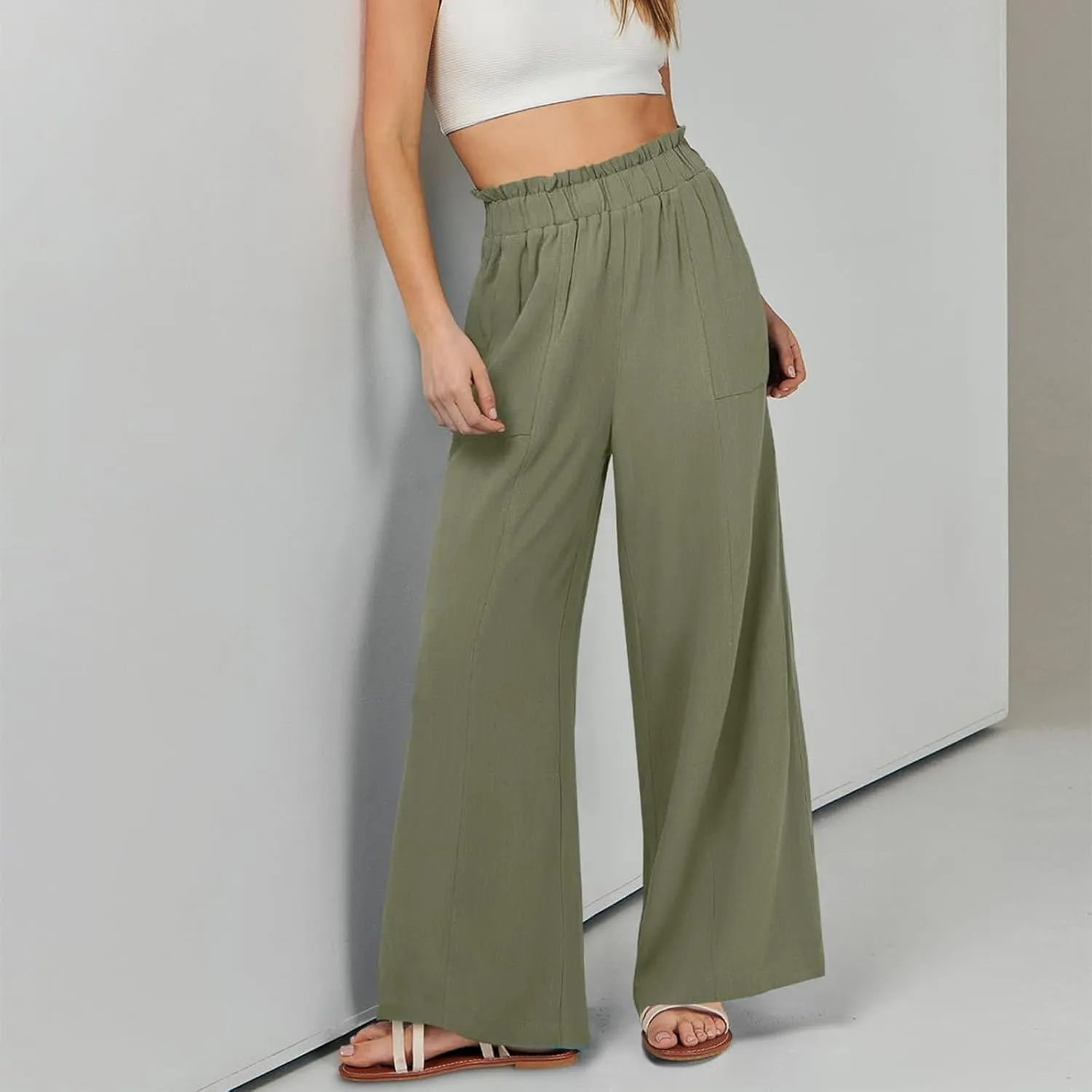 Linen Pants for Women Trendy Casual Trousers with Pockets Wide Leg Beach Palazzo Pants Ruffle High Waist Slacks