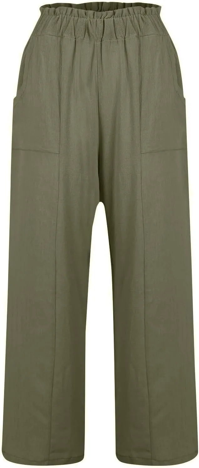 Linen Pants for Women Trendy Casual Trousers with Pockets Wide Leg Beach Palazzo Pants Ruffle High Waist Slacks