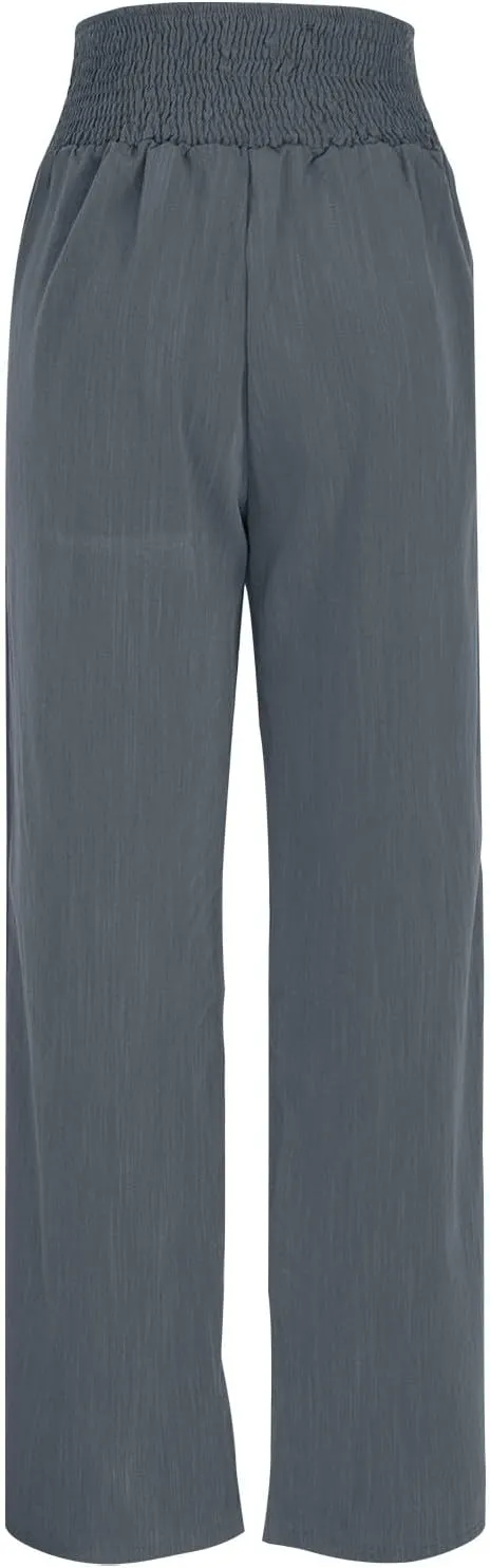 Linen Pants Women Casual High Waist Wide Leg Straight Dress Cotton Linen Pants Button Trousers Linen Loose Beach Pants