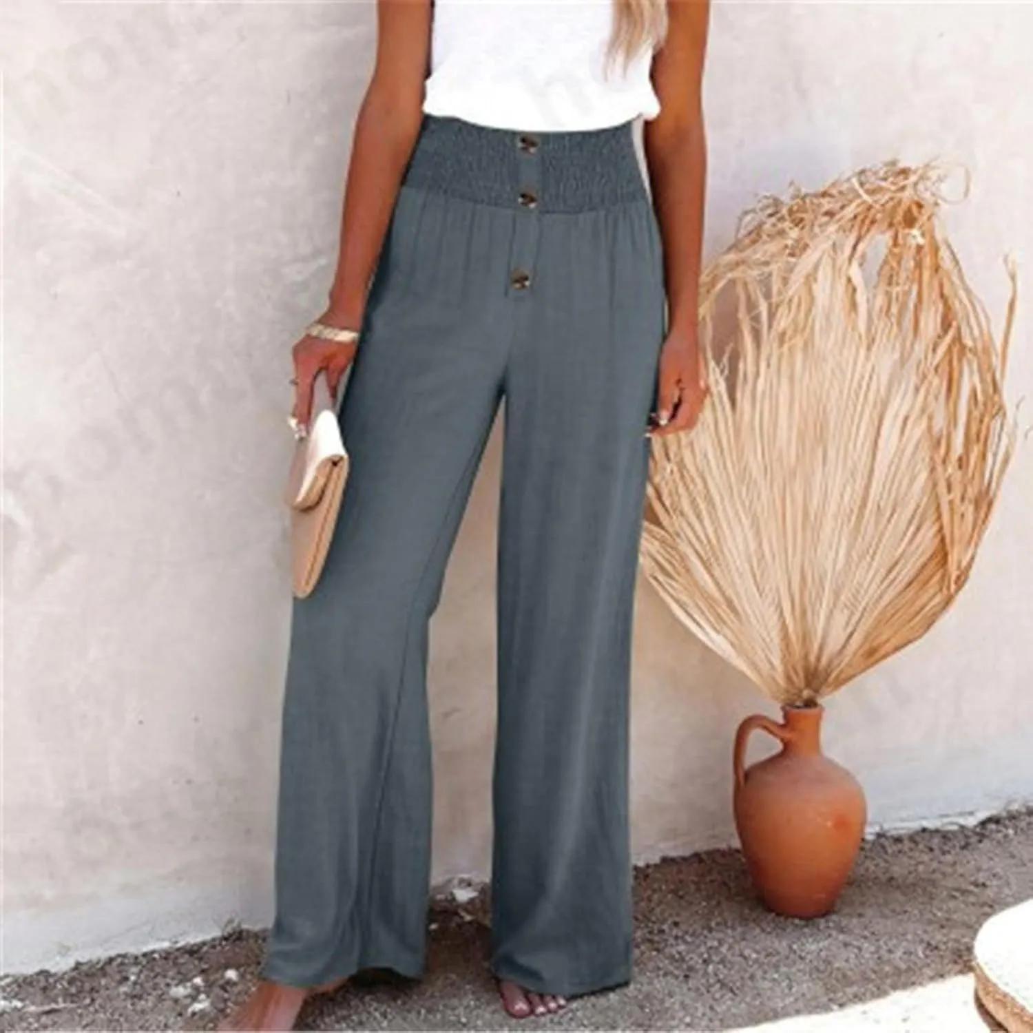 Linen Pants Women Casual High Waist Wide Leg Straight Dress Cotton Linen Pants Button Trousers Linen Loose Beach Pants