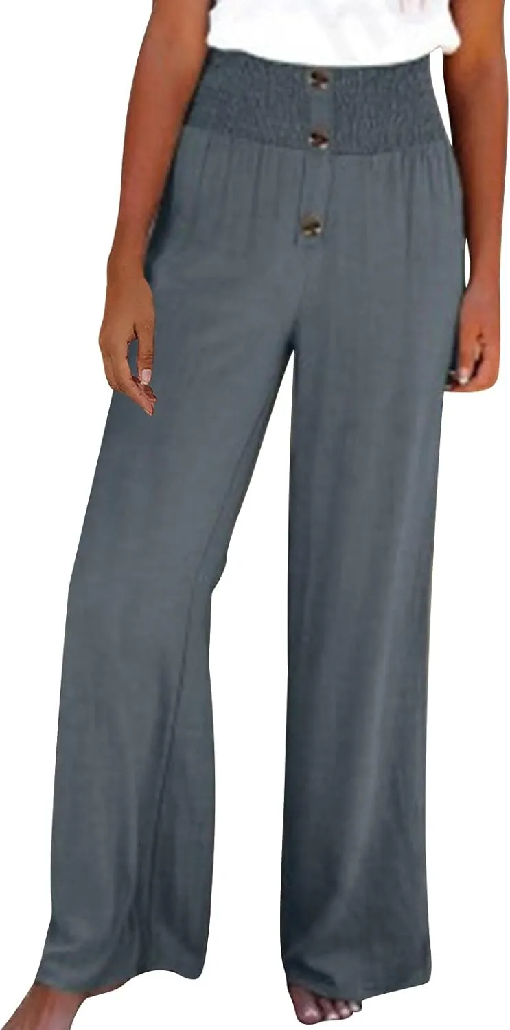 Linen Pants Women Casual High Waist Wide Leg Straight Dress Cotton Linen Pants Button Trousers Linen Loose Beach Pants