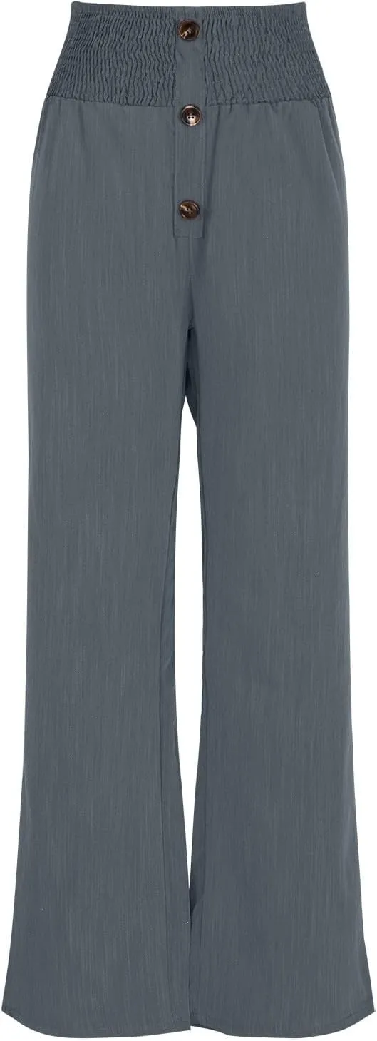Linen Pants Women Casual High Waist Wide Leg Straight Dress Cotton Linen Pants Button Trousers Linen Loose Beach Pants