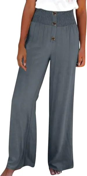 Linen Pants Women Casual High Waist Wide Leg Straight Dress Cotton Linen Pants Button Trousers Linen Loose Beach Pants