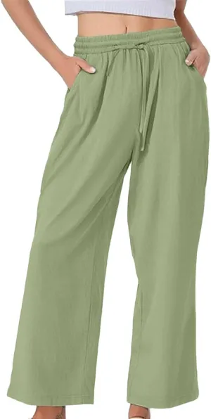 Linen Pants Women Lightweight Capri Pants Cotton Elastic Waist Trousers Casual Loose Summer Lounge Long Trousers