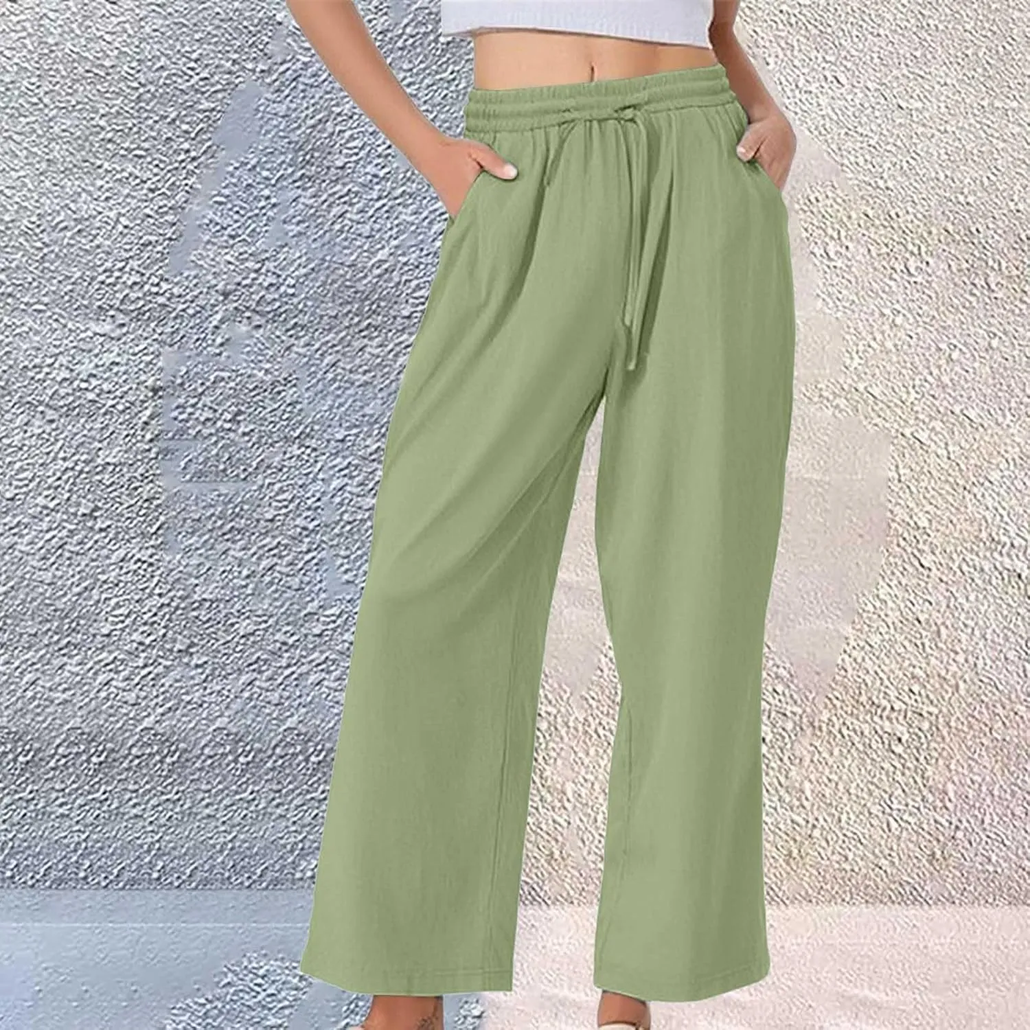 Linen Pants Women Lightweight Capri Pants Cotton Elastic Waist Trousers Casual Loose Summer Lounge Long Trousers