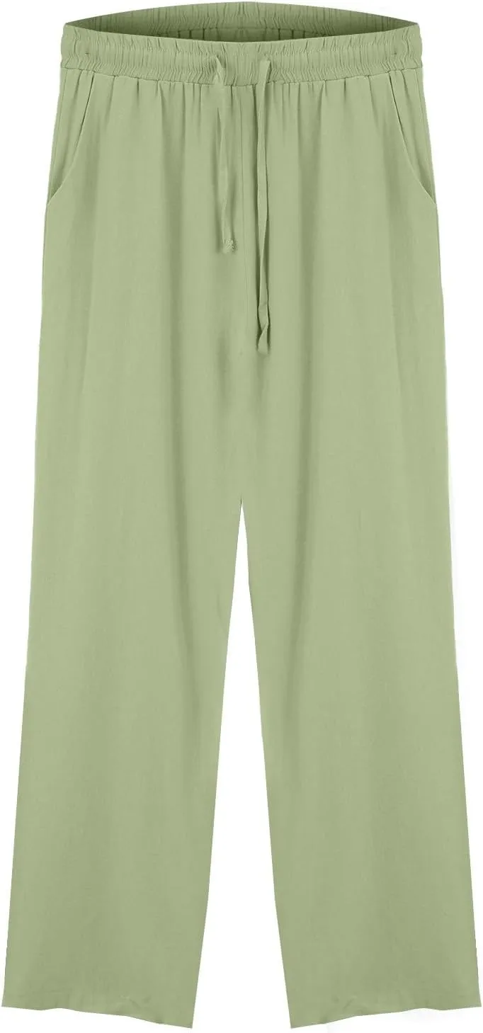 Linen Pants Women Lightweight Capri Pants Cotton Elastic Waist Trousers Casual Loose Summer Lounge Long Trousers