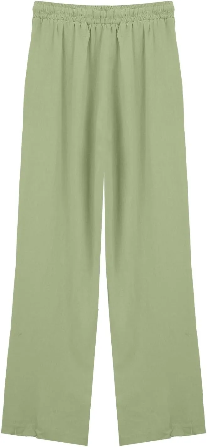 Linen Pants Women Lightweight Capri Pants Cotton Elastic Waist Trousers Casual Loose Summer Lounge Long Trousers