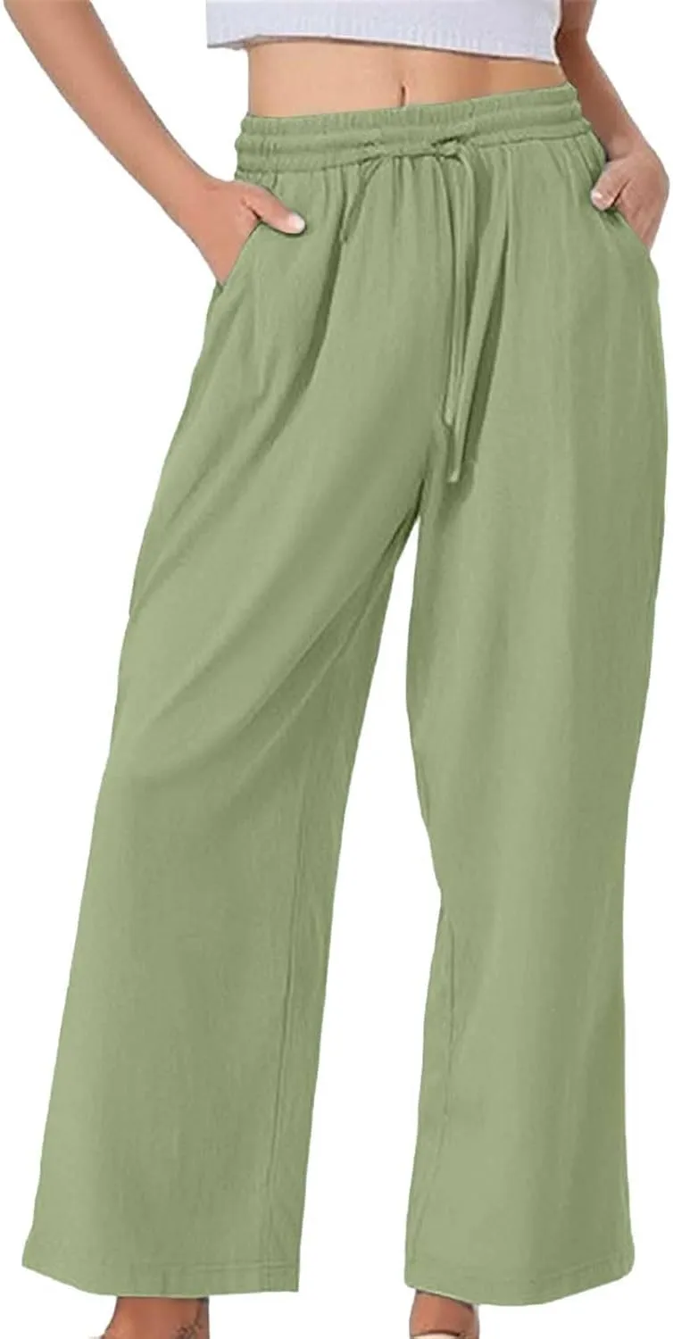 Linen Pants Women Lightweight Capri Pants Cotton Elastic Waist Trousers Casual Loose Summer Lounge Long Trousers