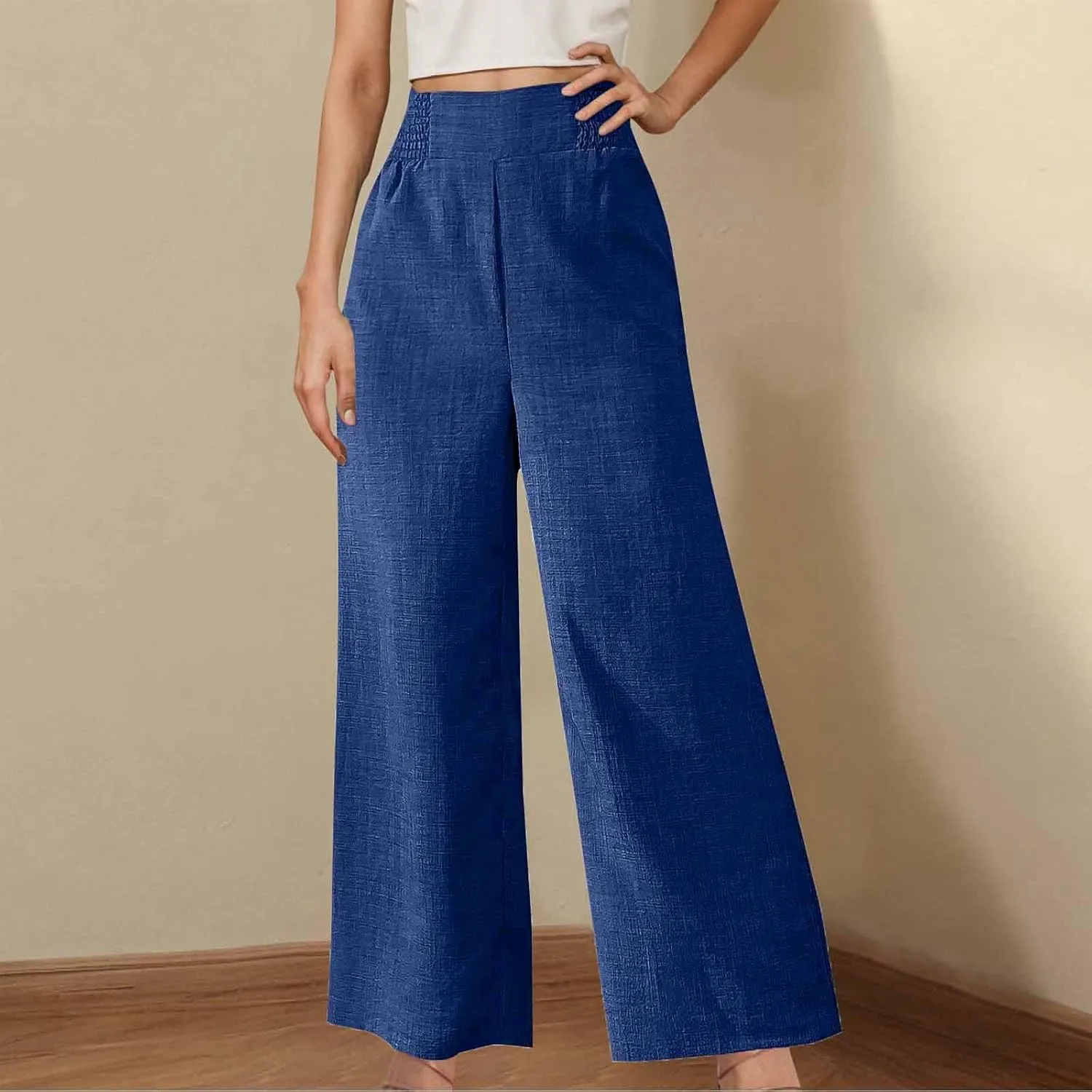 Linen Pants Women Loose Fit Summer High Waist Lounge Pants Plus Size Comfy Flowy Palazzo Trousers with Pockets 2025