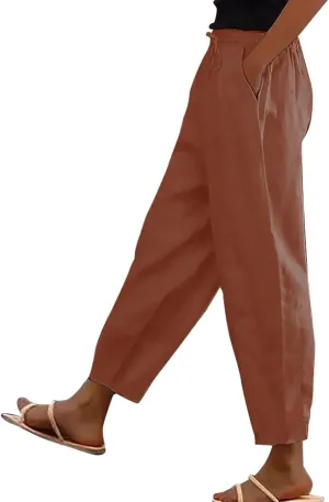 Linen Pants Women Summer High Elastic Waist Drawstring Palazzo Pants Straight Leg Slacks with Pockets