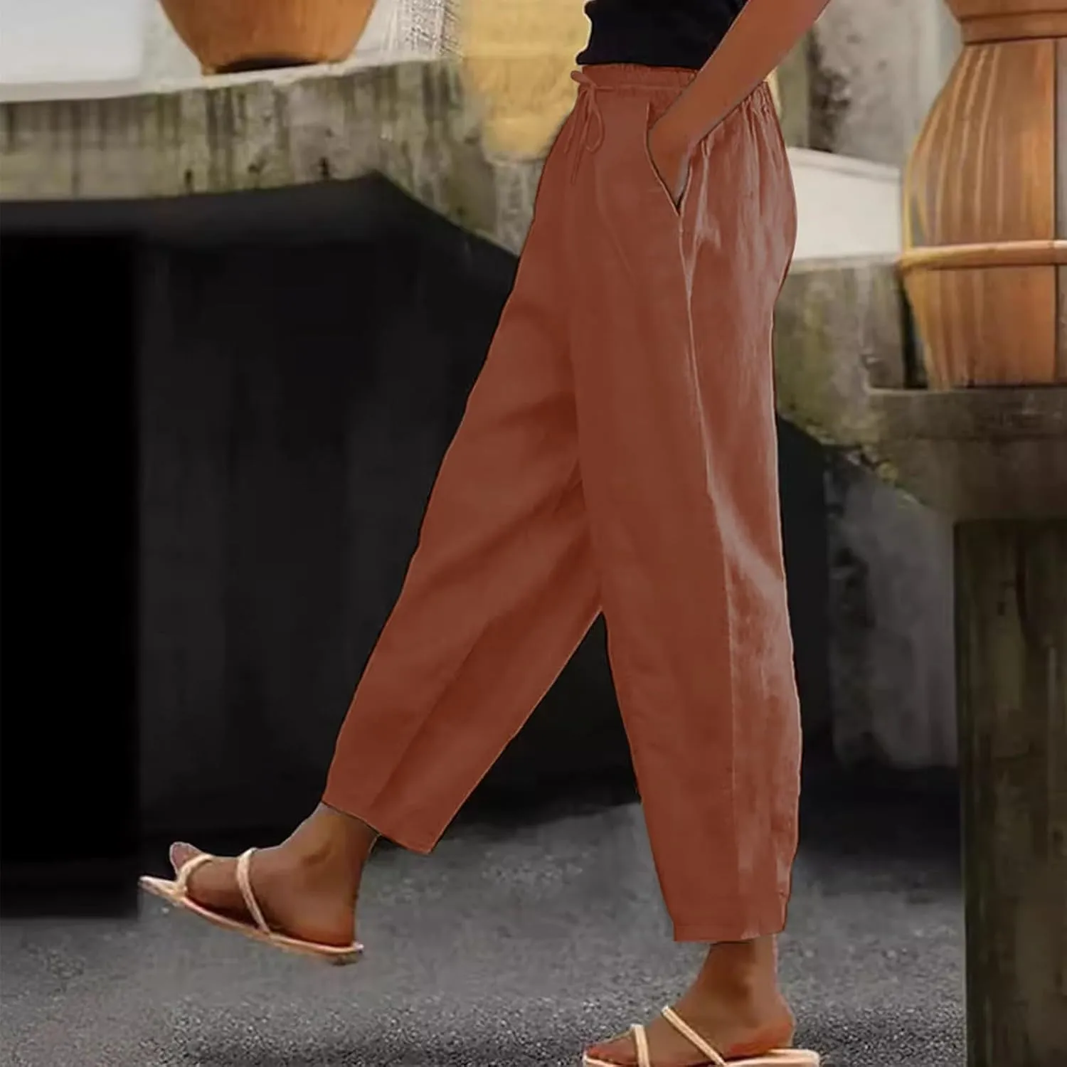 Linen Pants Women Summer High Elastic Waist Drawstring Palazzo Pants Straight Leg Slacks with Pockets