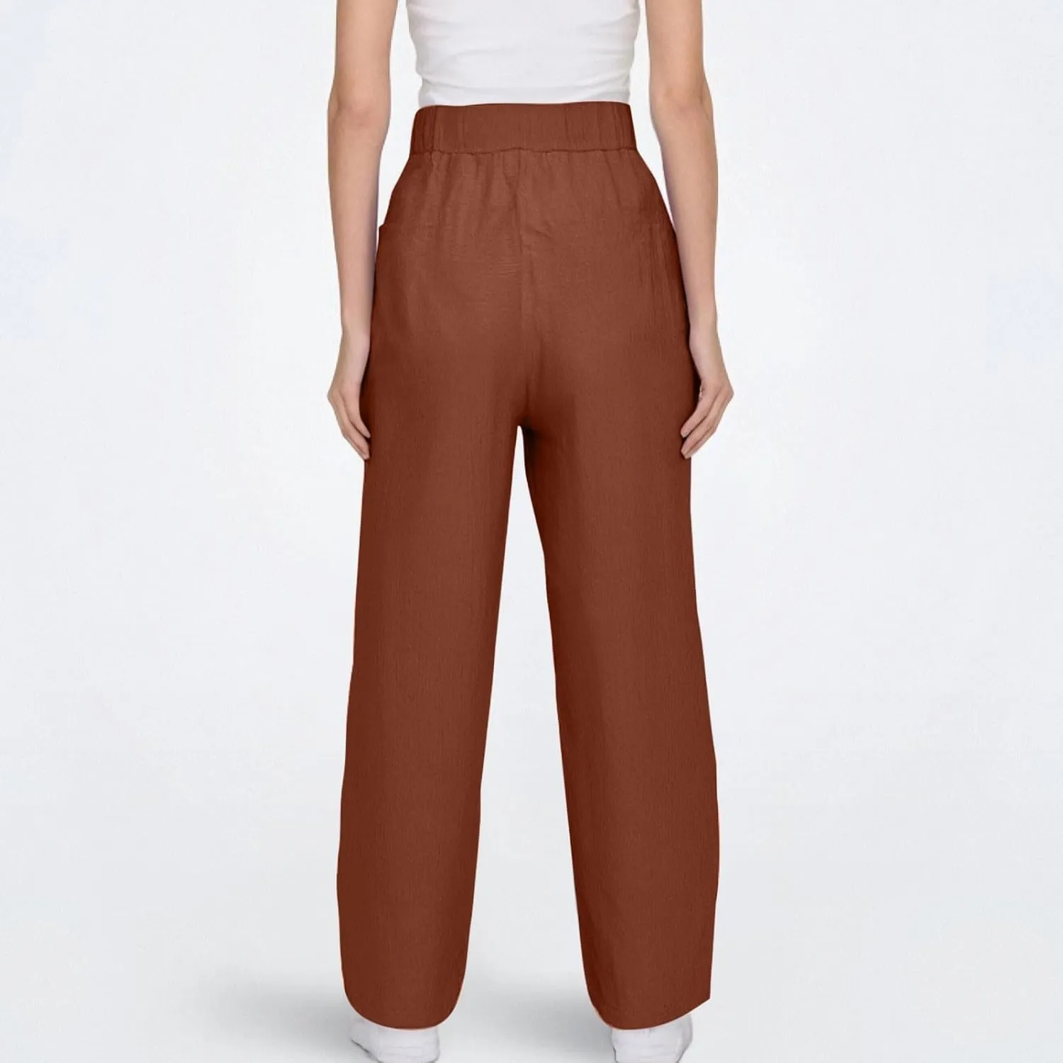 Linen Pants Women Summer High Elastic Waist Drawstring Palazzo Pants Straight Leg Slacks with Pockets