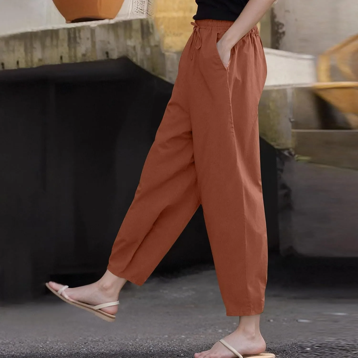 Linen Pants Women Summer High Elastic Waist Drawstring Palazzo Pants Straight Leg Slacks with Pockets