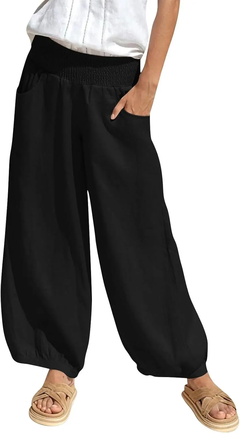Linen Pants Women Summer High Waisted Loose Fit Pants Flowy Baggy Casual Harem Palazzo Pant Beach Vacation Trousers