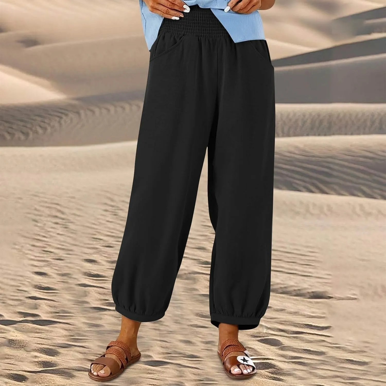 Linen Pants Women Summer High Waisted Loose Fit Pants Flowy Baggy Casual Harem Palazzo Pant Beach Vacation Trousers