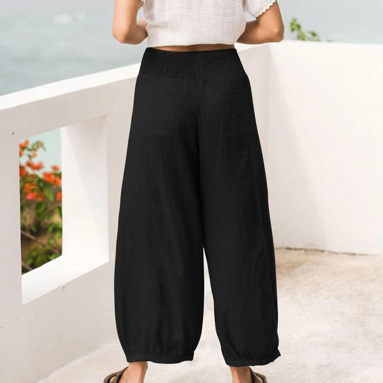 Linen Pants Women Summer High Waisted Loose Fit Pants Flowy Baggy Casual Harem Palazzo Pant Beach Vacation Trousers