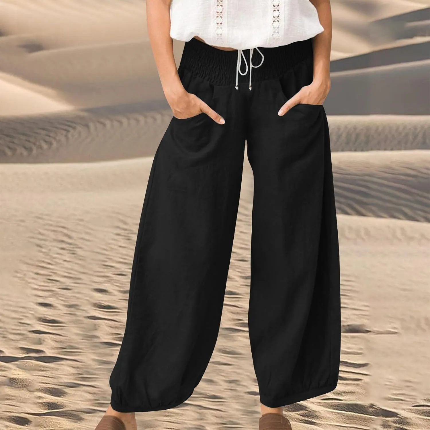Linen Pants Women Summer High Waisted Loose Fit Pants Flowy Baggy Casual Harem Palazzo Pant Beach Vacation Trousers