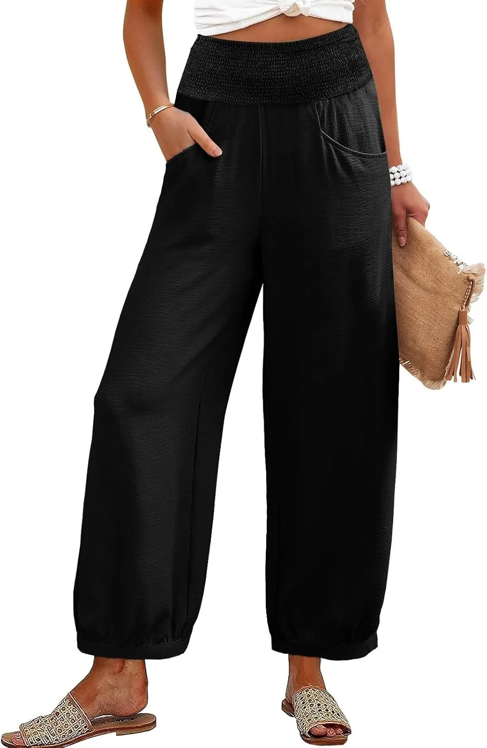 Linen Pants Women Summer High Waisted Loose Fit Pants Flowy Baggy Casual Harem Palazzo Pant Beach Vacation Trousers