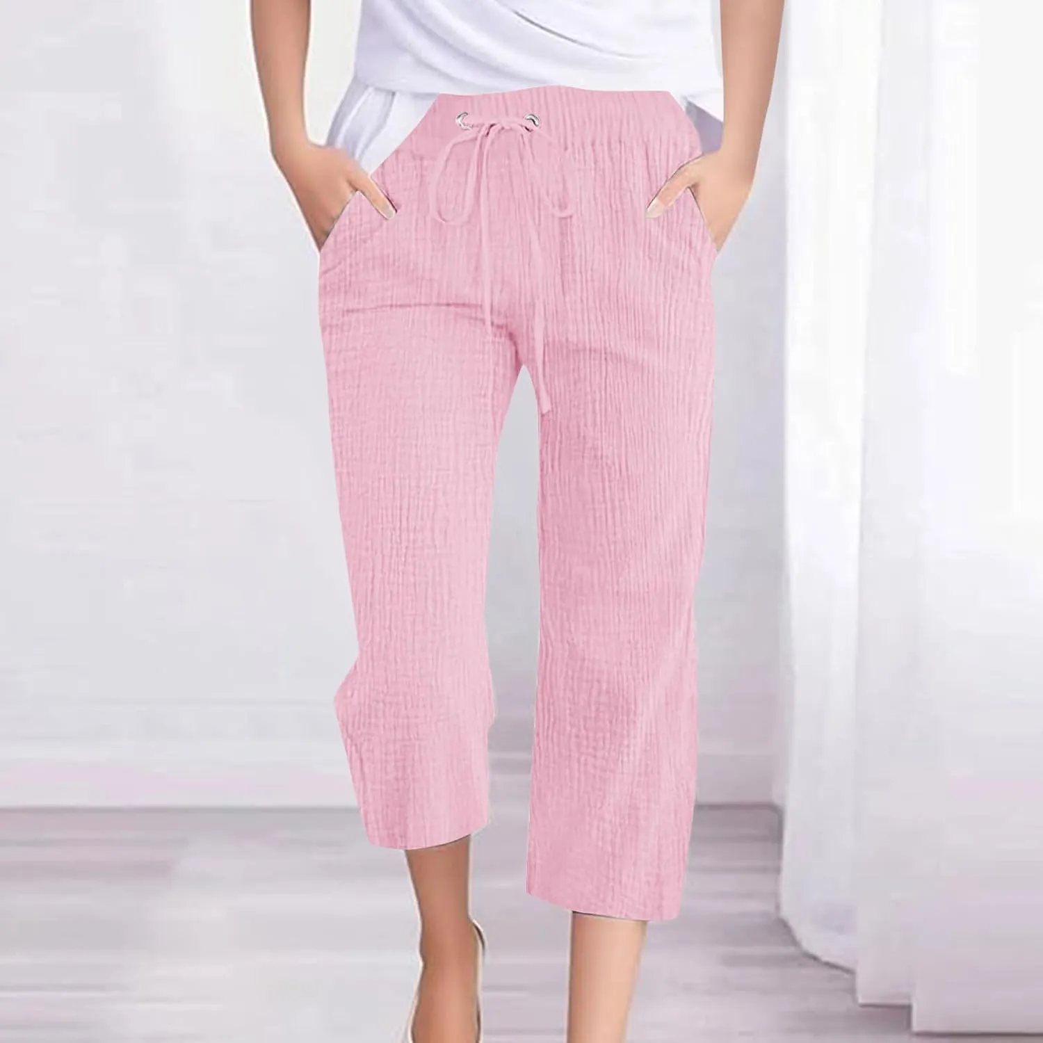 Linen Pants Women Summer Trendy High Waist Drawstring Cropped Pants with Pockets Plus Size Dressy Loose Lounge Trousers