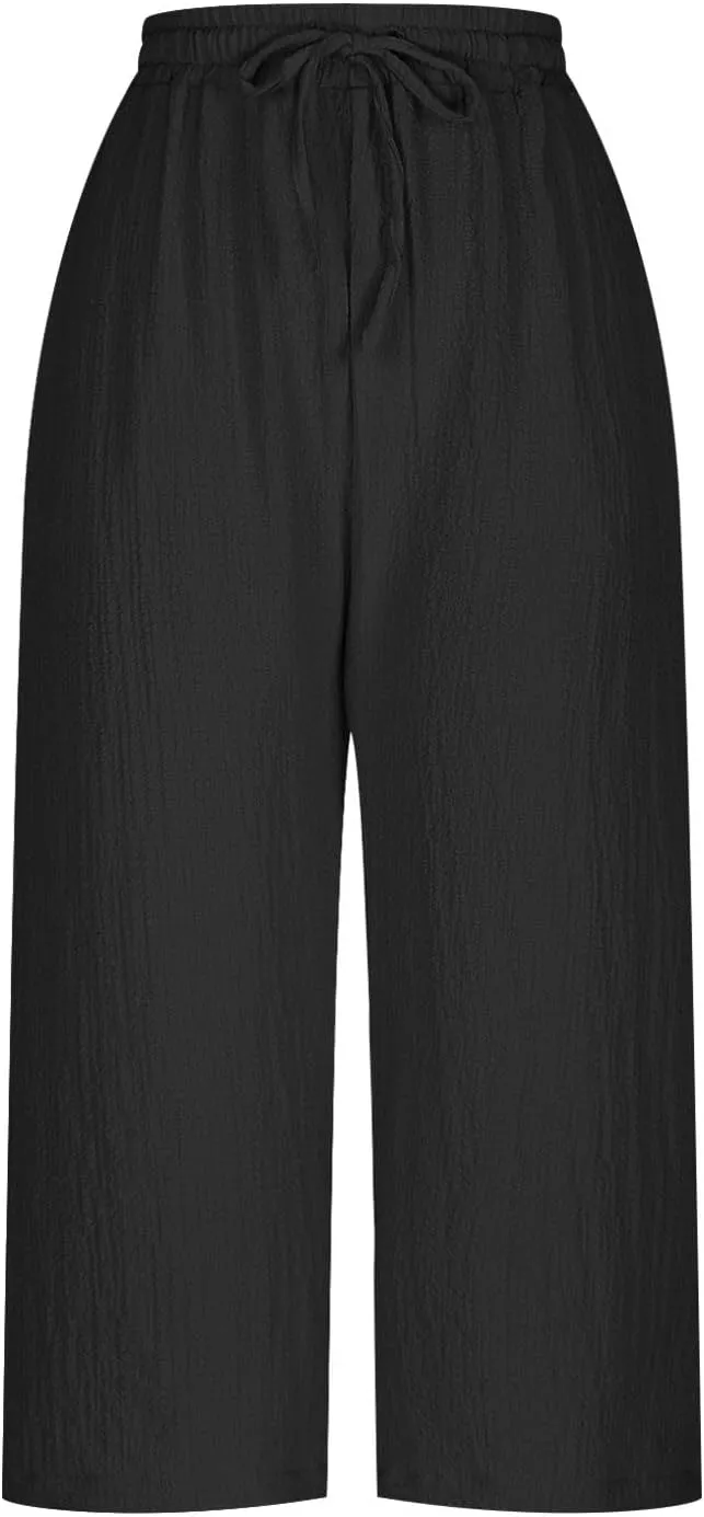 Linen Pants Women Summer Trendy High Waist Drawstring Cropped Pants with Pockets Plus Size Dressy Loose Lounge Trousers