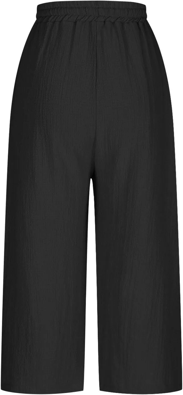 Linen Pants Women Summer Trendy High Waist Drawstring Cropped Pants with Pockets Plus Size Dressy Loose Lounge Trousers