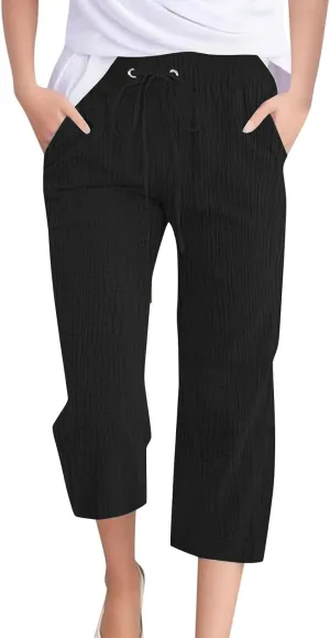 Linen Pants Women Summer Trendy High Waist Drawstring Cropped Pants with Pockets Plus Size Dressy Loose Lounge Trousers