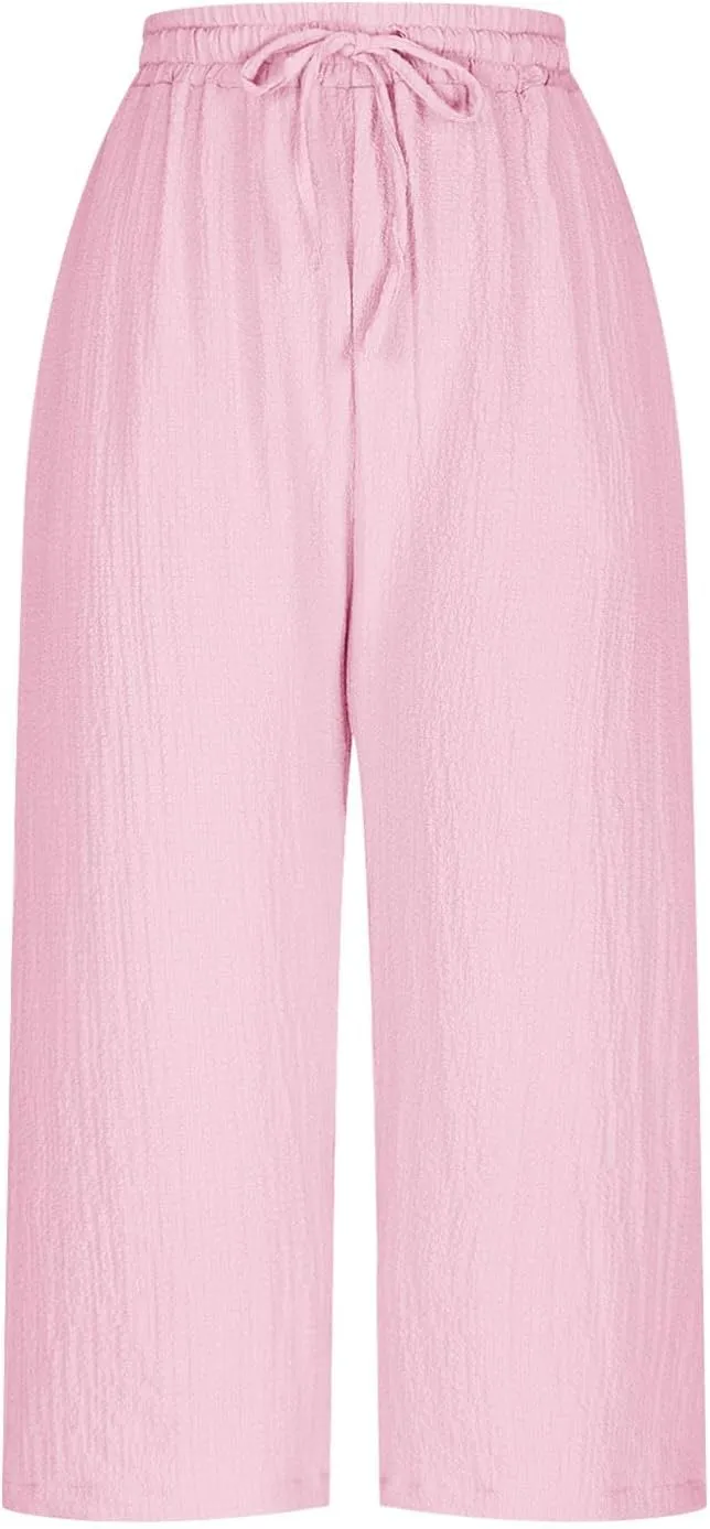 Linen Pants Women Summer Trendy High Waist Drawstring Cropped Pants with Pockets Plus Size Dressy Loose Lounge Trousers