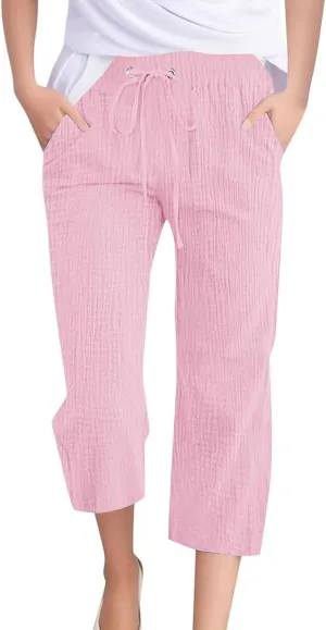 Linen Pants Women Summer Trendy High Waist Drawstring Cropped Pants with Pockets Plus Size Dressy Loose Lounge Trousers