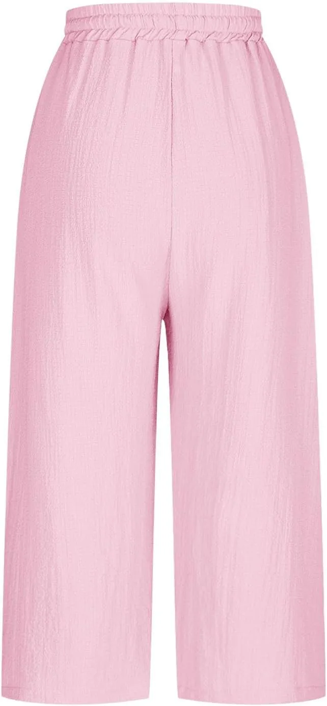 Linen Pants Women Summer Trendy High Waist Drawstring Cropped Pants with Pockets Plus Size Dressy Loose Lounge Trousers