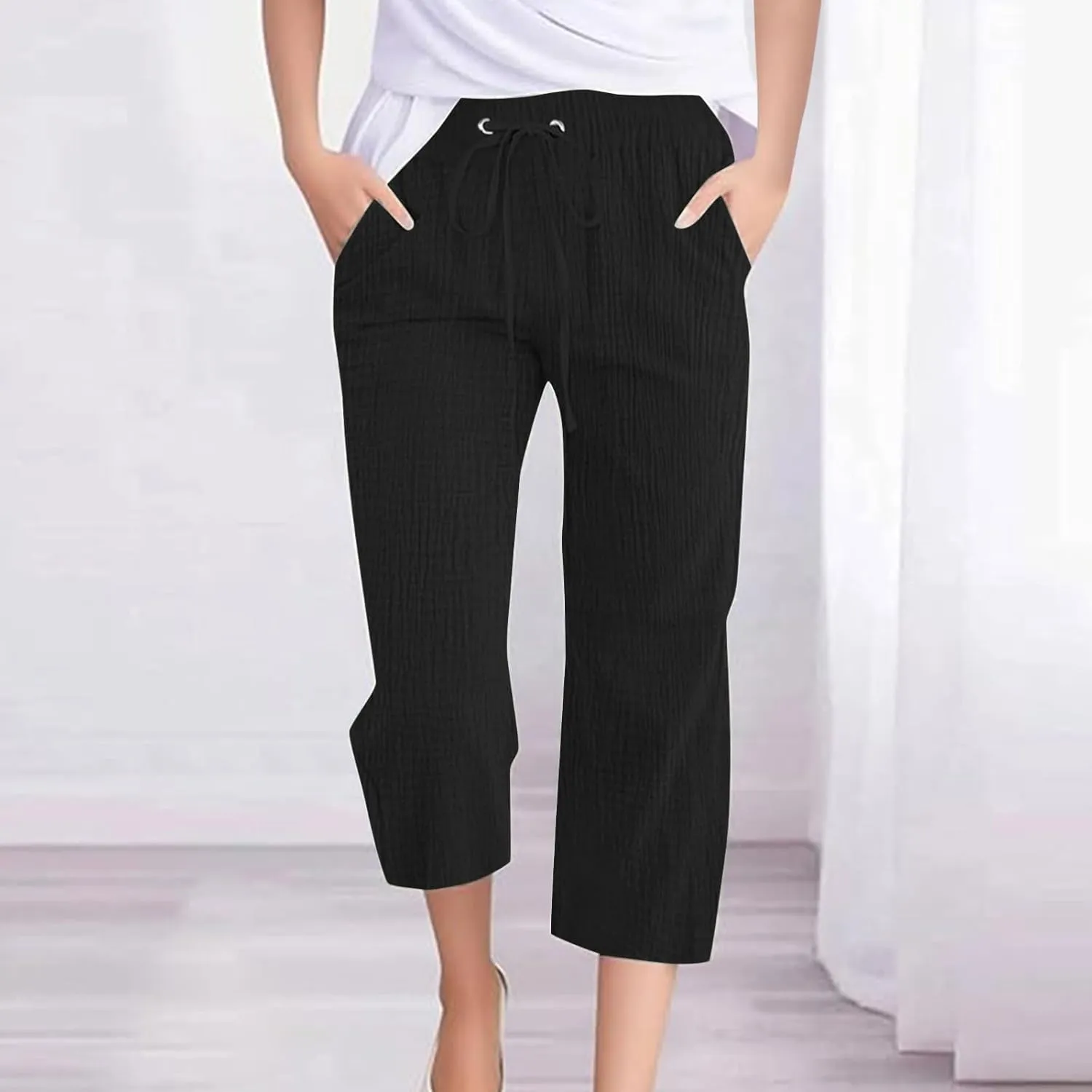 Linen Pants Women Summer Trendy High Waist Drawstring Cropped Pants with Pockets Plus Size Dressy Loose Lounge Trousers