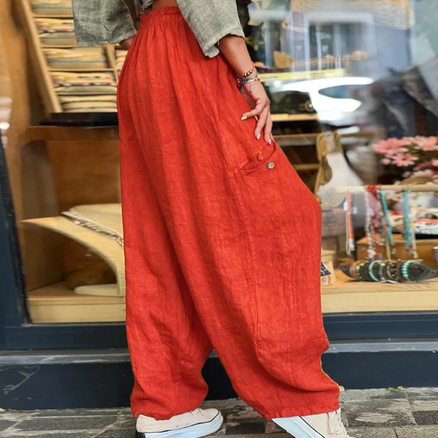 Linen Pants Women Women'sCotton and Linen Solid Color Pocket Baggy Casual Pants Beach Travel Vacation Clothe Flowy