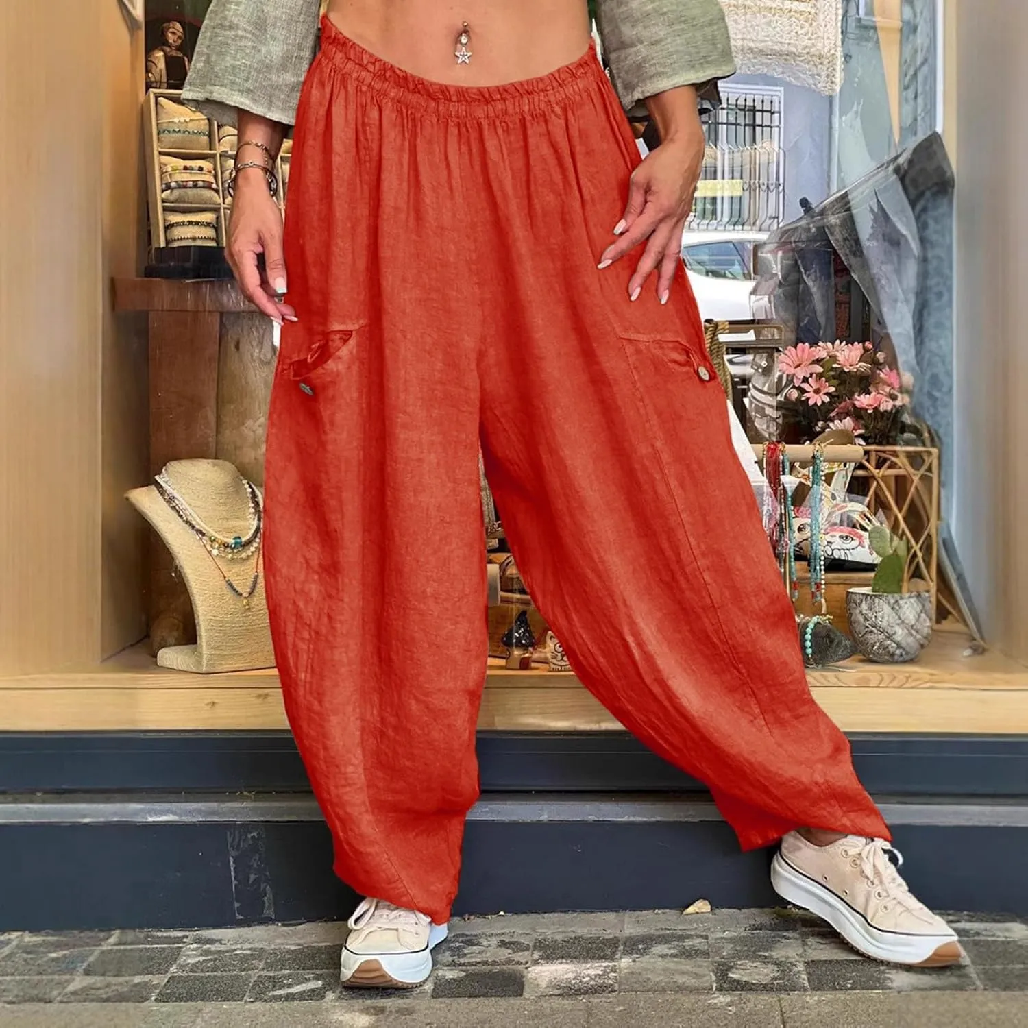 Linen Pants Women Women'sCotton and Linen Solid Color Pocket Baggy Casual Pants Beach Travel Vacation Clothe Flowy