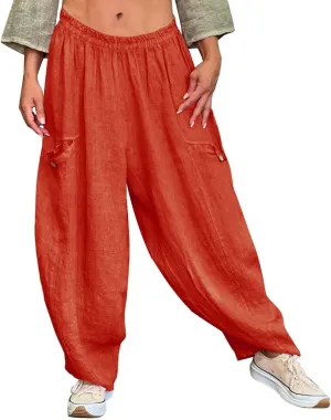 Linen Pants Women Women'sCotton and Linen Solid Color Pocket Baggy Casual Pants Beach Travel Vacation Clothe Flowy