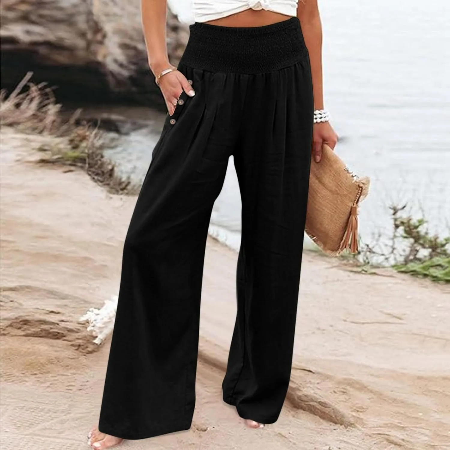 Linen Wide Leg Pants for Women Summer Casual Pleated Elastic High Waistband Palazzo Trousers Beach Yoga Trousers with Pockets